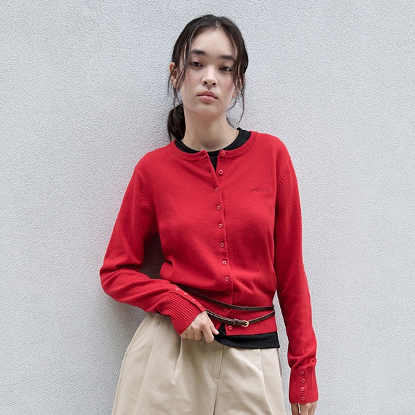 WOOL BLENDED ROUND BUTTON CARDIGAN RED