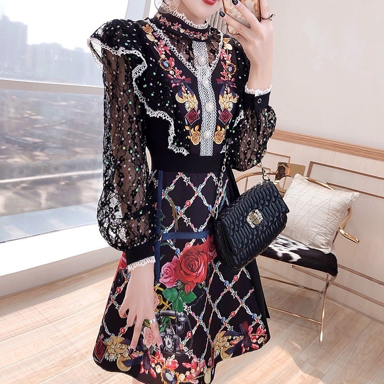 新作 レディース ワンピース ミニ ミニ丈 長袖 ハイネック フレア Aライン レース フリル