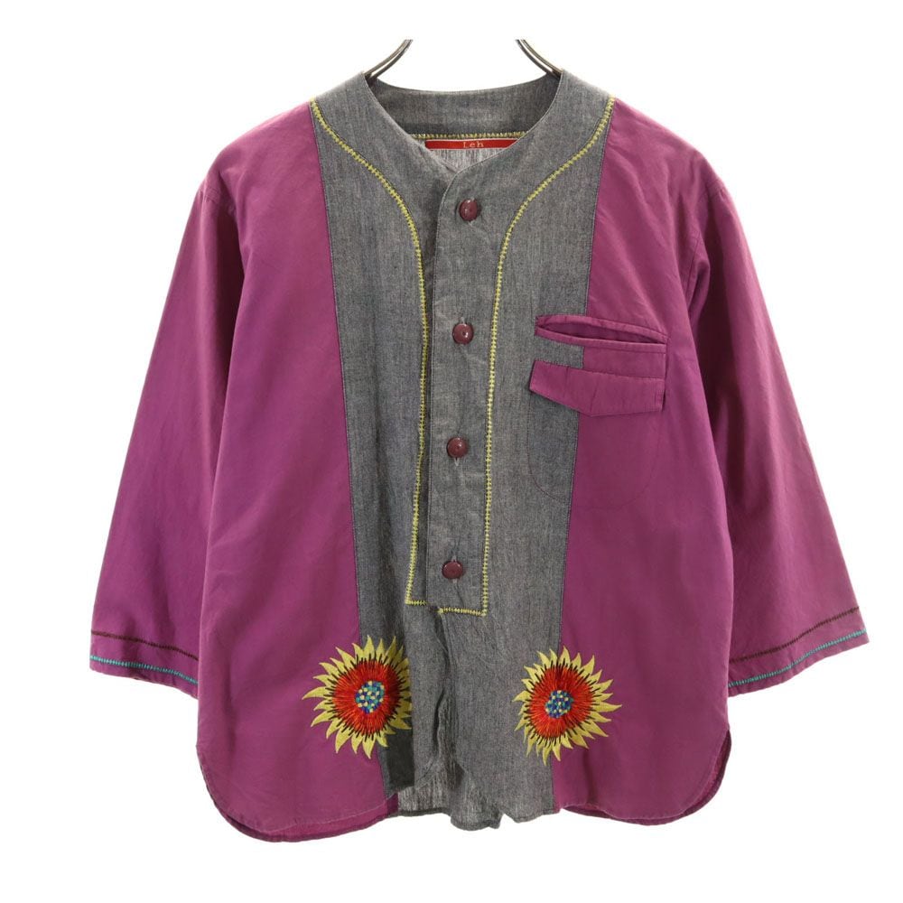 レー 7分袖 ノーカラー シャツ M 紅紫 Leh レディース