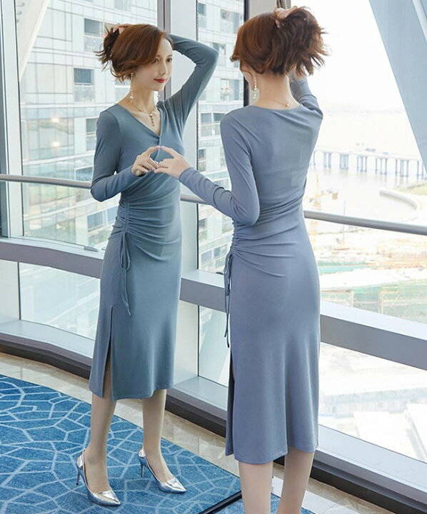 新品更新 おしゃれ レディース ミモレ丈 ロング丈 春 Vネック 無地 タイト 長袖 オシャレ ワンピース オールインワン 夏 秋 春 5,779円