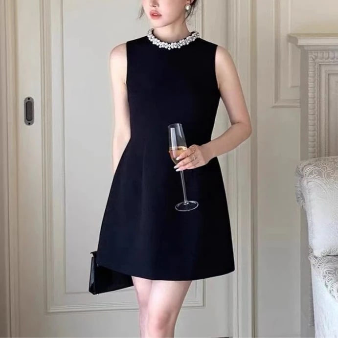 夏 ニューデザイン フランス パール ワンピース ウエスト引き締め ノースリーブ 着痩せ 高級感 ファッション