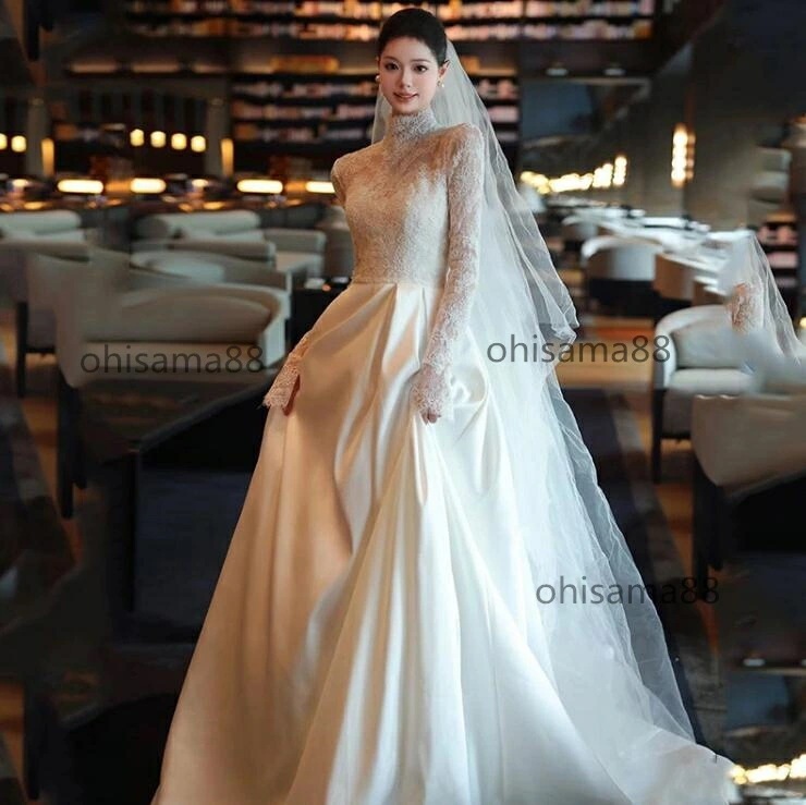 お花嫁ドレス きれいめ ロング丈 パーティードレス 披露宴 お姫様 ウェディングドレス 結婚式ドレス フォトウェディング撮影 レース ワンピース 長袖 可愛い 二次会 イブイングドレス ドレス フォー