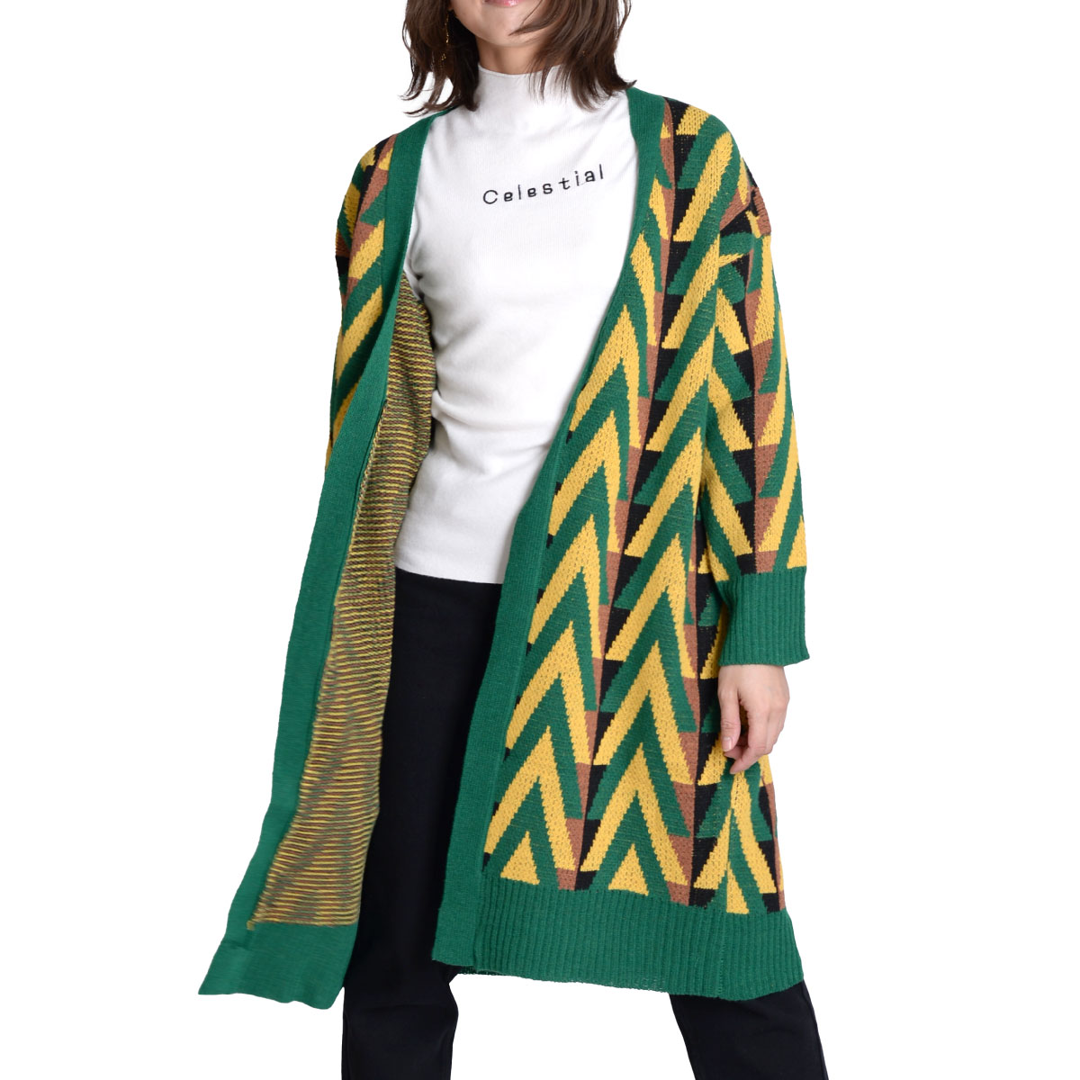 カーディガン レディース 秋 冬 ロングカーディガン ロング丈アウター 総柄 幾何学 気分が上がる幾何学ロングカーディガン エスニック アジアン シンプル カジュアル 春 夏 秋新作 春服