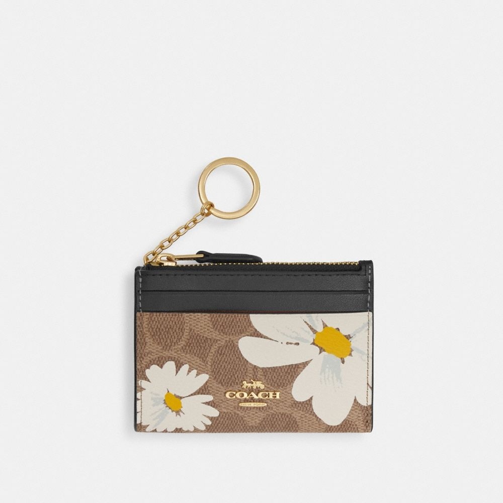 COACH ミニスキニー ID ケースシグネチャーキャンバス花柄プリント CZ594 ゴールド/タンマルチ