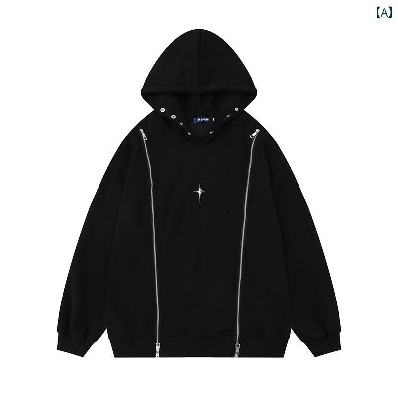 パーカー レディース 秋 ストリート メタリック カップル コート パーカー 女性 アメリカン ダブル ジッパー フード スウェットシャツ