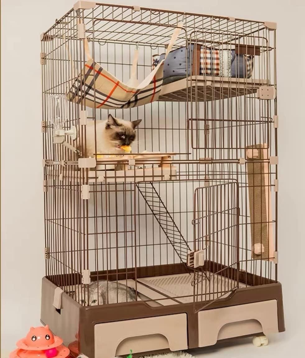 猫 キャットケージ トイレ収納型 2段 3段 キャスター付き トイレ収納ボックス付き ネコハウス 留守番 保護 脱走防止 多頭飼い C10020 (ブラウン 2段)