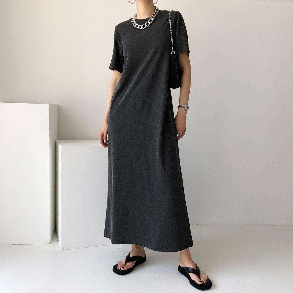 レディース ワンピース Tシャツ ロング 9分丈 半袖 ラウンドネック 襟なし ノーカラー スリム Aライン フェミニン ストレッチ 伸縮性 かわいい 大人可愛い きれいめ シンプル カジュアル 上品