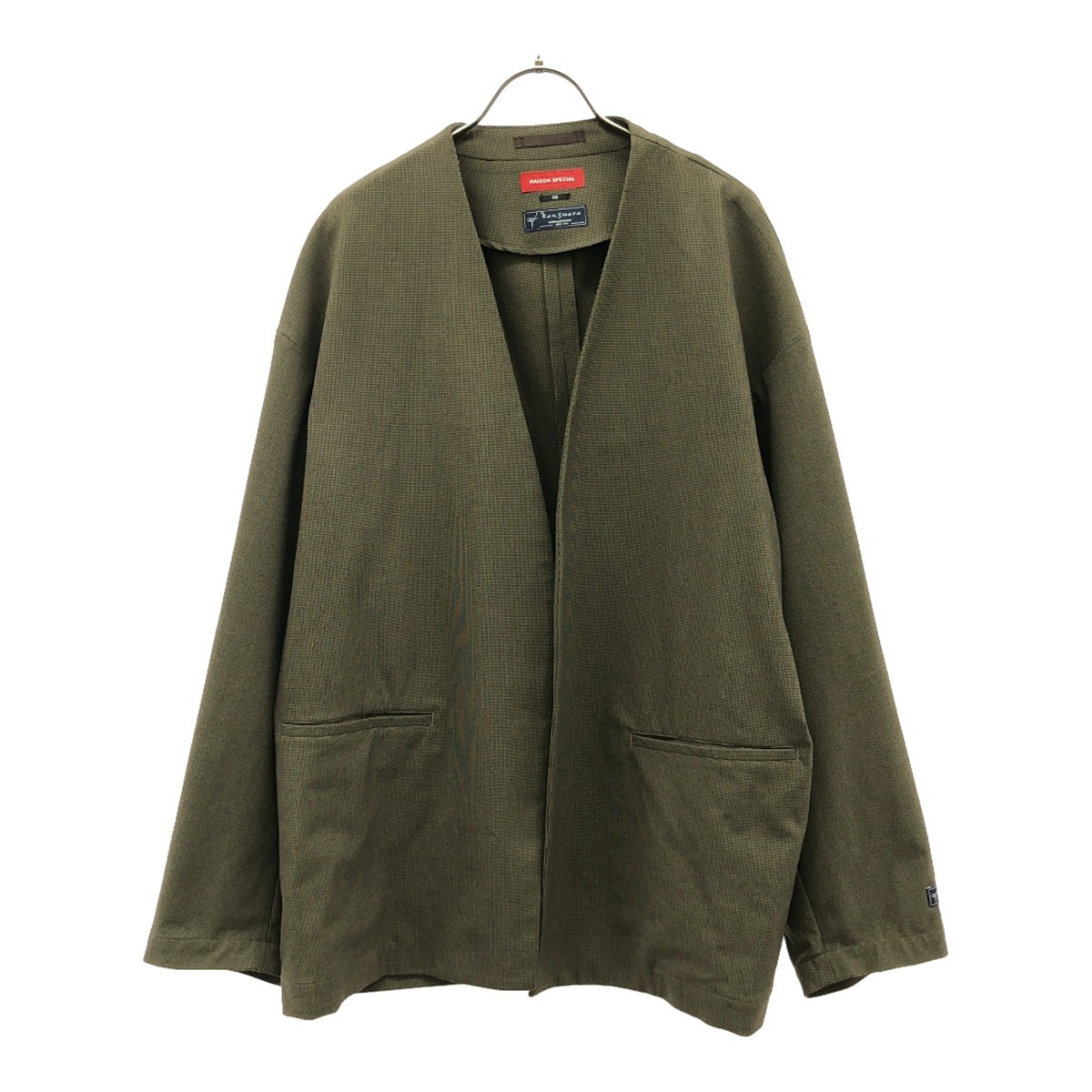 千鳥柄 ノーカラージャケット 46 ブラウン Banswara メンズ 古着