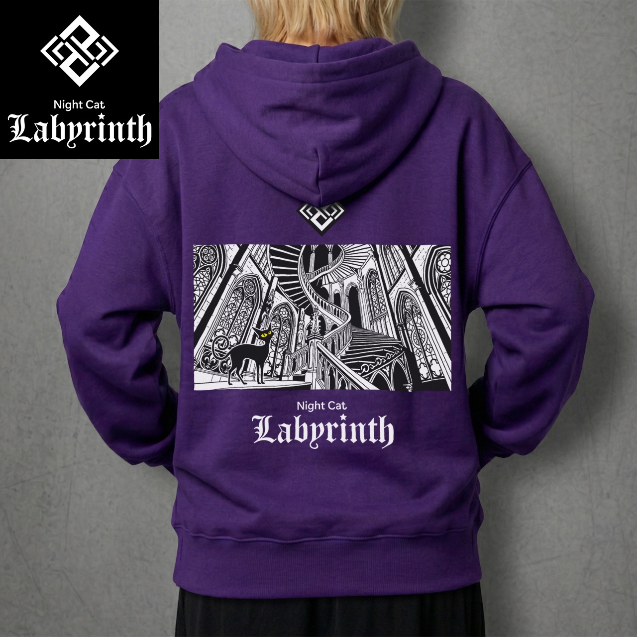 【Night Cat Labyrinth】ナイトキャットラビリンス 『螺旋の塔』 フルジップパーカー 10oz 裏パイル (パープル)　黒猫 ゴシック ダークファンタジー ストリートファッション