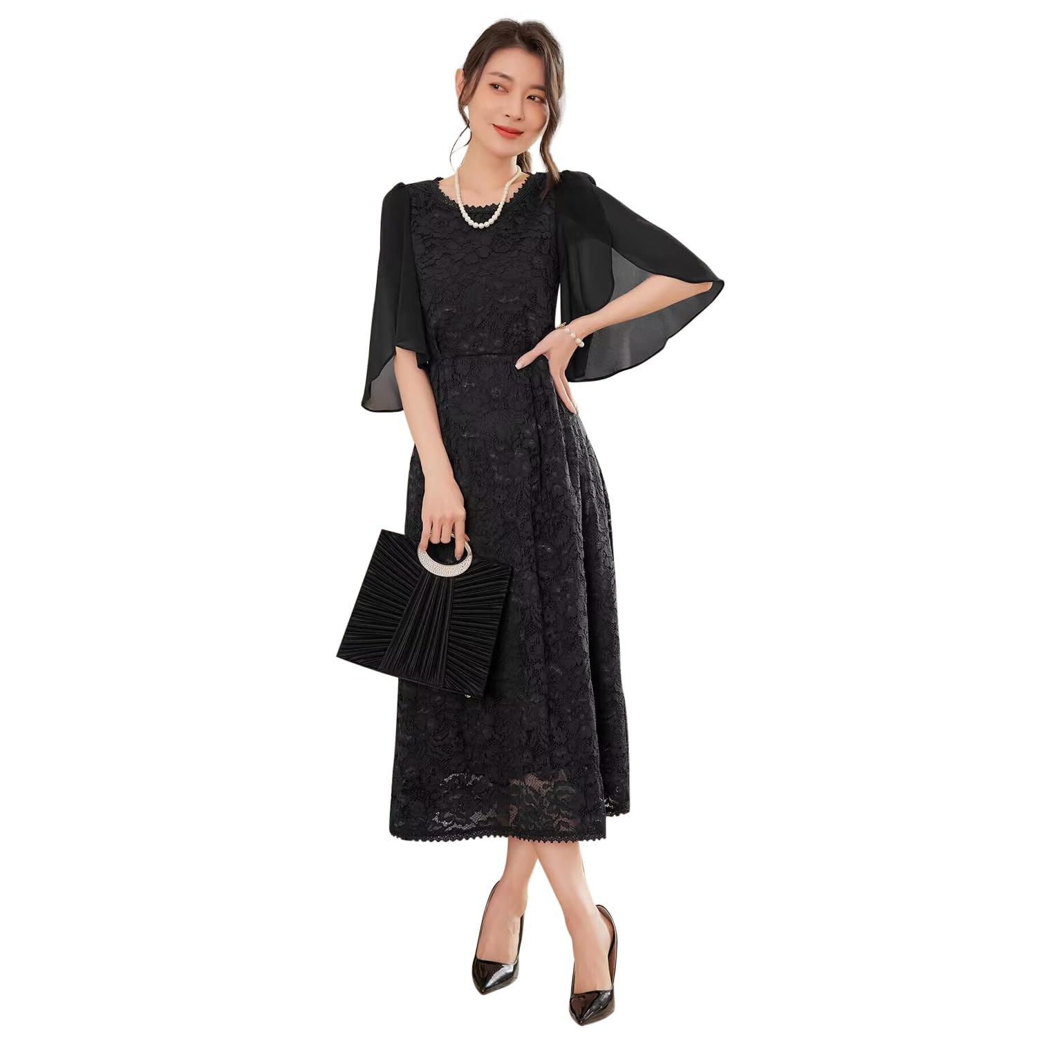 [DEEPEYES] パーティードレス レース ミモレ丈 フォーマル ワンピース 半袖 お呼ばれドレス 結婚式 二次会 お呼ばれ ドレス 大きいサイズ (L,ブラック)