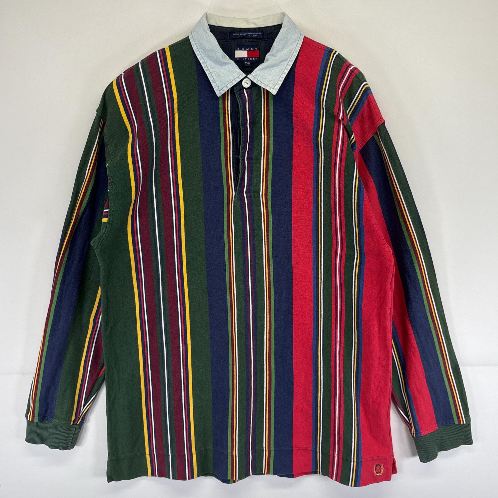 古着 90s/90年代 長袖 ラガーシャツ ストライプ ワンポイントロゴ M マルチカラー メンズ