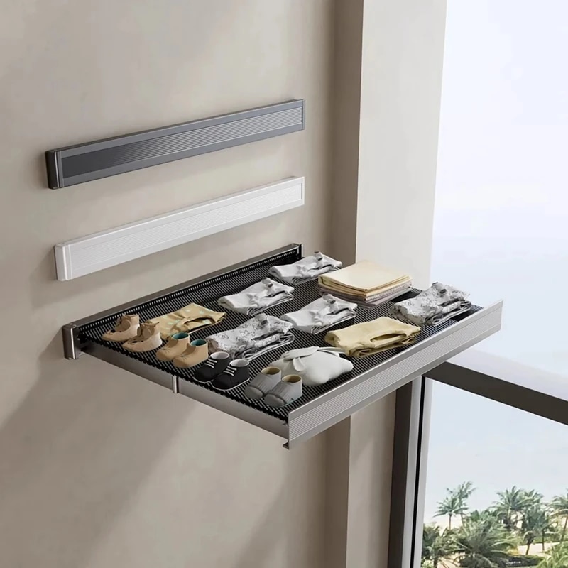 フック付きの折りたたみ式衣類と帽子ラック,バスルームとバルコニー用の省スペースソリューション,伸縮式乾燥