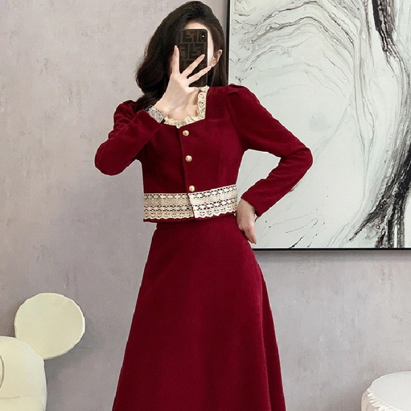 ハイエンドのカスタマイズ-小さな香りのスタイルのツーピーススーツ 2025 フレンチレトロヘップバーンセレブ気質の赤いドレス女性のためのツーピースセット