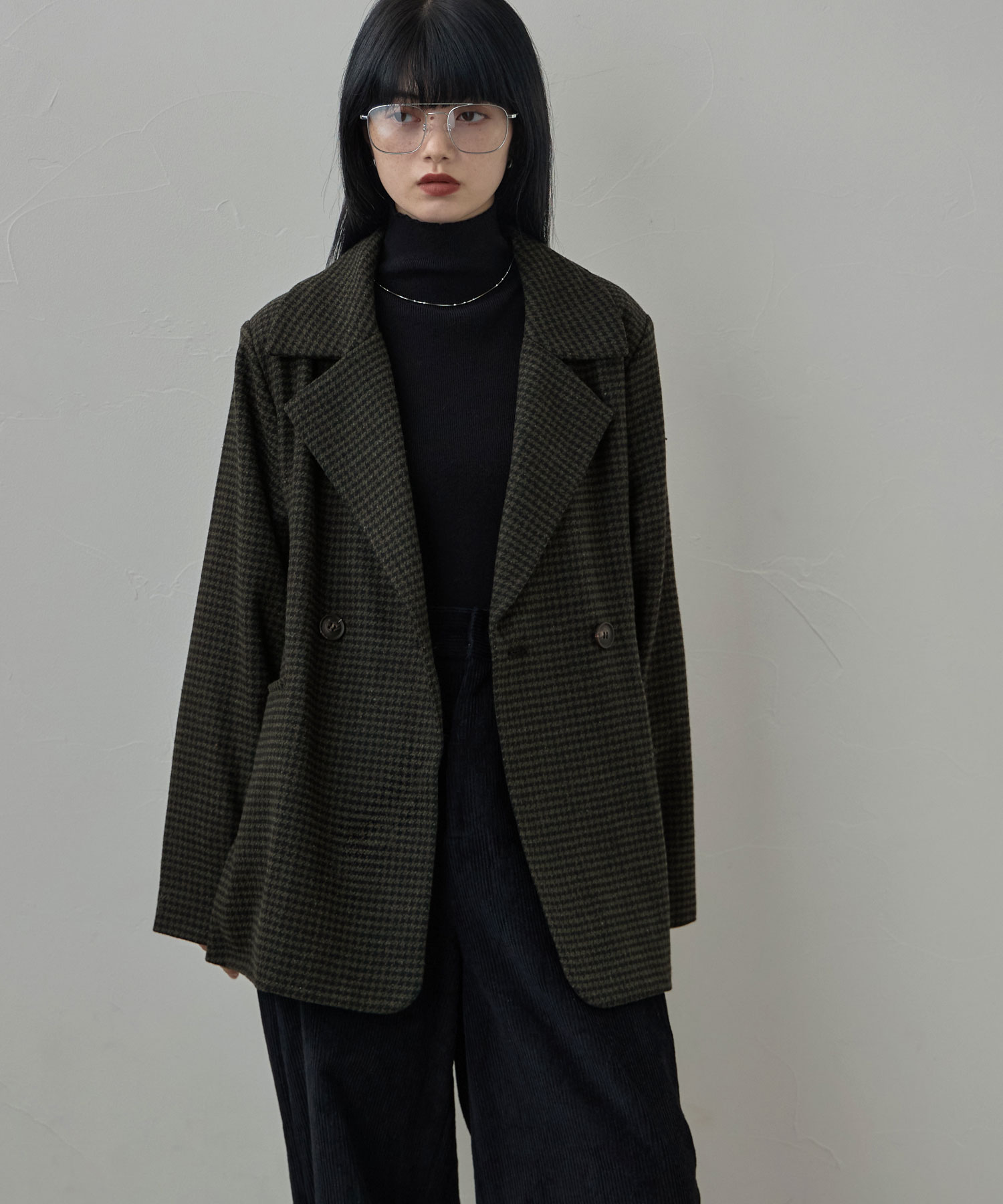 ウールチェックテーラードジャケット アウター ジャケット ブレザー 長袖 テーラード チェック柄 ウール混 ダブル ダッドジャケット ゆったり ビッグシルエット レディース