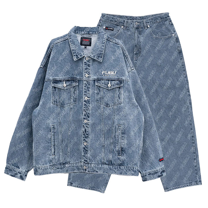 FUBU 上下セット デニム 長袖 メンズ 春秋冬用 インディゴライトブルー 大きいサイズ フブ セットアップ ジャージ ブランドロゴ 刺繍 ビッグシルエット FUBU