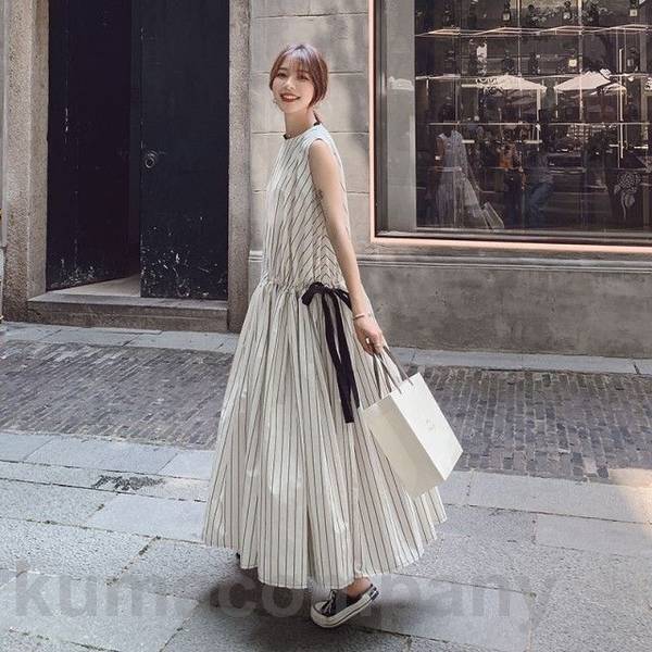 【夏セール！】ストライプ ノースリーブ ワンピース 夏 レディース ロング 春夏 ロングワンピース マキシワンピース マキシ丈ワンピース 大きいサイズ フレア リボン 大人可愛い リゾート デート服