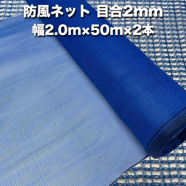 法人限定配送 防風ネット（青色） 網目2mm 2.0m50m2本 防塵 防砂 風対策 強風対策