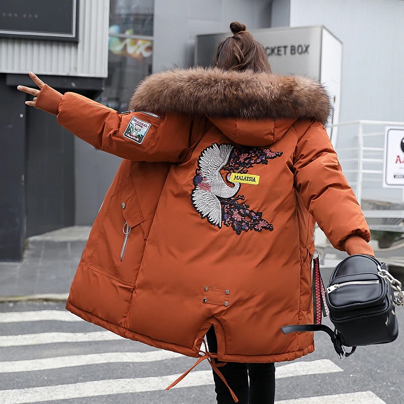中綿コート レディース　秋冬　刺繍 ダウンジャケットロング丈 冬服 フード付 ダウンコートアウター 暖かい 防風防寒 オシャレ ファスナー 軽量 4色
