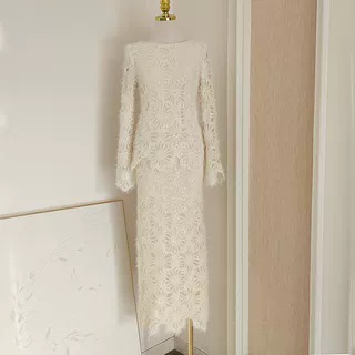 セレブ気質優しいスタイルニッチシックかぎ針編みビーズスパンコールニットトップ+ハイウエストスカートスーツスカート