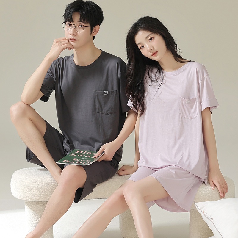 モーダルカップルパジャマレディース夏半袖ショーツ男女アイスシルク薄手夏ホーム服セット