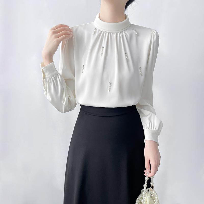 ブラウス フレンチスタイル ラインストーン パール シャツ レディース 秋冬 ハイネック 通勤 トップス パフスリーブ 上品 シンプル