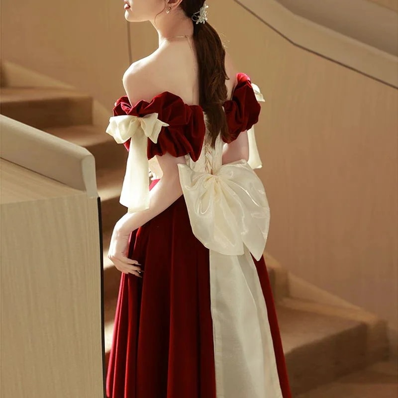 ウェア花嫁 2025 バーガンディ婚約ホームカミングドレス女性ワンショルダーボウリトルマン 4,779円