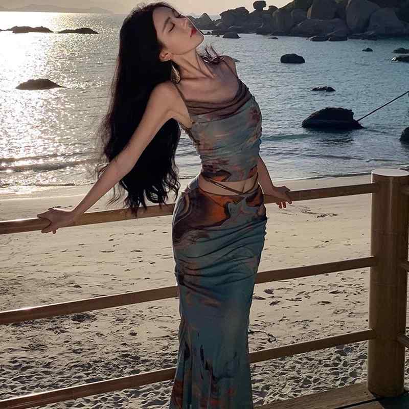 レディース ドレープ 油絵 プリント ツーピース ホリデー スタイル ノースリーブ トップス おしゃれ コーデ