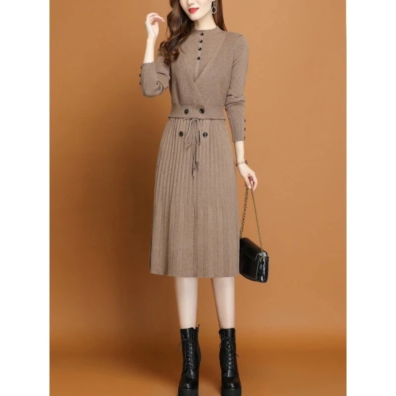 ニットワンピース40オシャレニットワンピースロング秋冬ニットワンピース無地リボンスカートニットインナーセーターゆったり韓国風大人3050