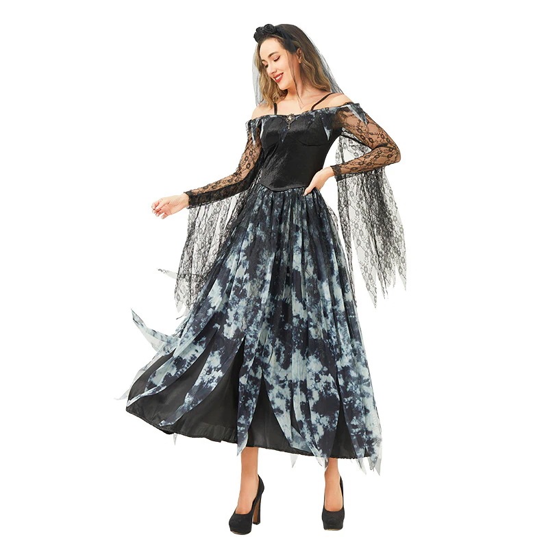 ハロウィンコスチュームヨーロッパとアメリカの国境を越えた中世のセクシーなパフォーマンスコスチュームダークゴシックゴースト花嫁吸血鬼ドレス