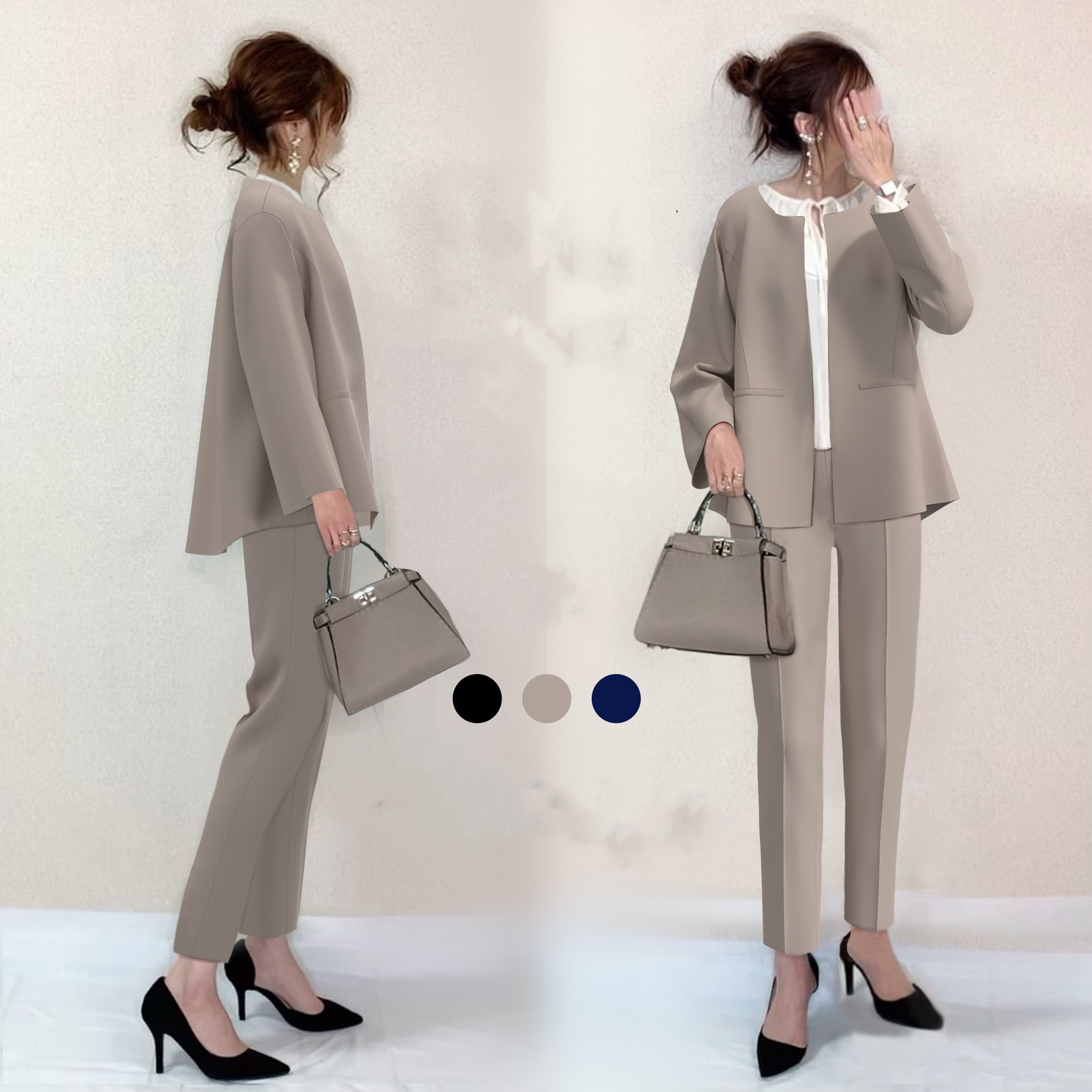 【高レビュー】 全3色おしゃれ度アップラウンドネックスーツ+無地ロング丈パンツセット