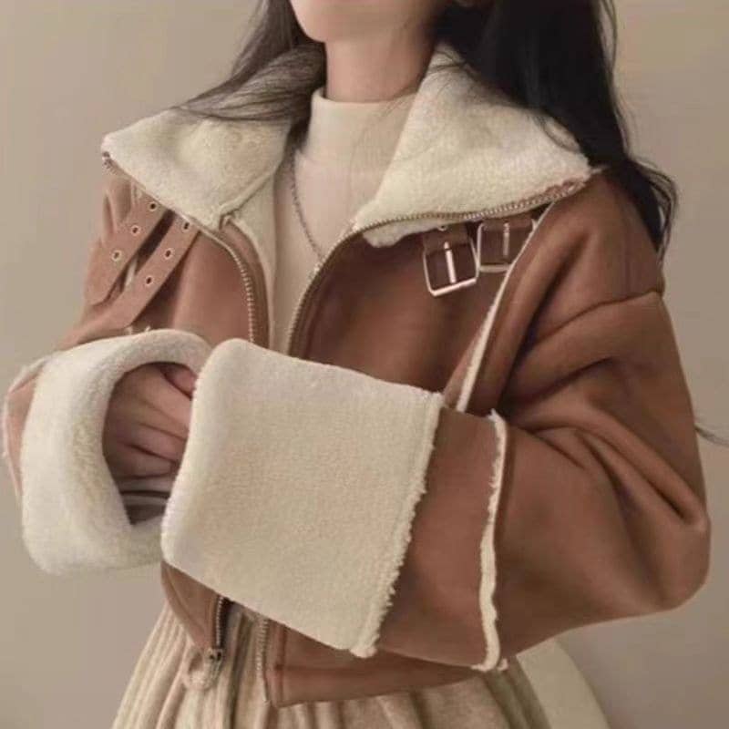 韓国ののレトロなスタイルのスタンドアップカラージッパースプライシングラムウールスエードデザイン多用途長袖ジャケット