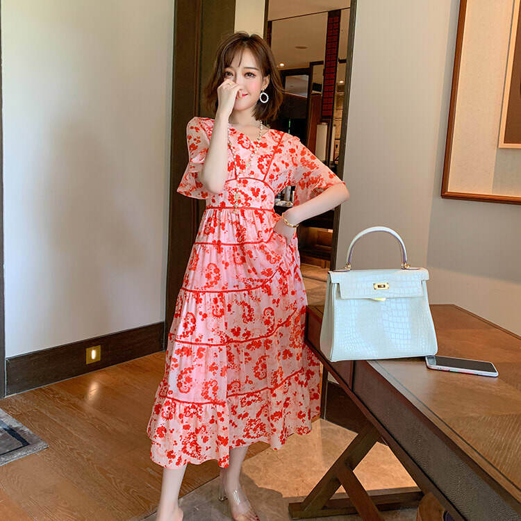 ワンピース ロングワンピース ロング丈 ミモレ丈 Vネック 半袖 フレアスリーブ フレアワンピース