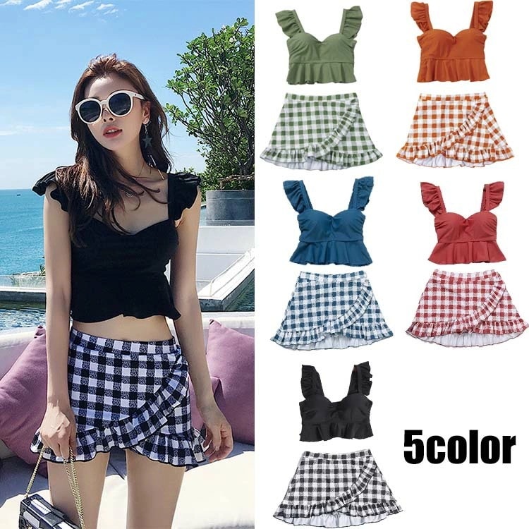 水着 レディース タンキニ 2点セット ジュニア 女の子 スカート 体型カバー 韓国 パッド付き ノーワイヤー セパレート フリル かわいい 無地 花柄 レース フリーサイズ 可愛い お洒落 くすみカ