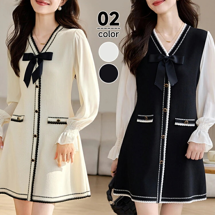 ワンピース レディース 春 長袖 Vネック フレア袖 シフォン袖 異素材切替 ニットワンピース ミニワンピース リボンワンピース 重ね着風 レイヤード風 Aライン ゆったり