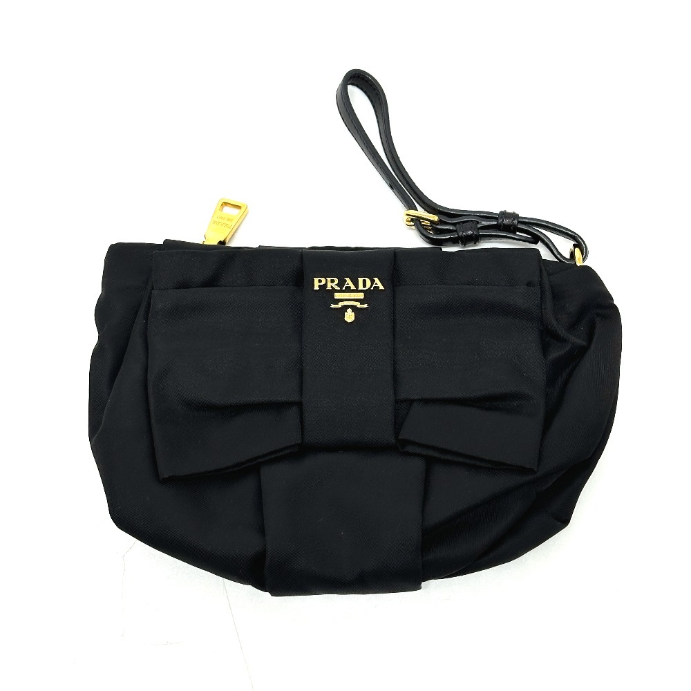 アクセサリーポーチ 1N1422 ロゴ リボン ストラップ付き ポーチ 小物 マルチポーチ レザー/ナイロン ブラック