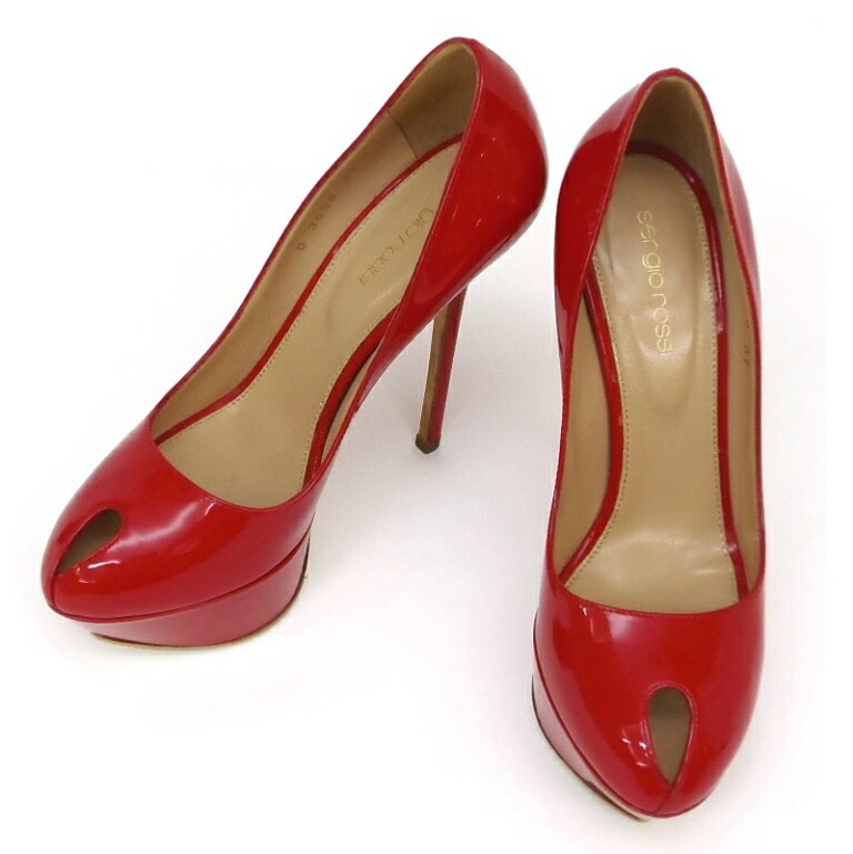 Sergio rossi ﾊｲﾋｰﾙﾊﾟﾝﾌﾟｽ ｴﾅﾒﾙ ｳｪｯｼﾞ 赤 ﾊﾟﾃﾝﾄﾚｻﾞｰ 37 【中古】(58904)ピンヒール
