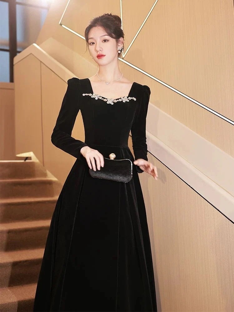 贈り物速達!ロングドレスファッション入学式卒業式 礼服 黒のイブニングドレスのドレス女性の気質プレミアムテクスチャベルベット長袖ガウン