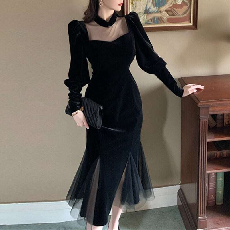 レディース ワンピース ロングドレス 黒 パーティードレス チャイナ風 ベルベット 透かし彫り レトロ 視線集中 ブラック 大人可愛い ママコーデ ママファッション 韓国系 オルチャン 人気 トレンド