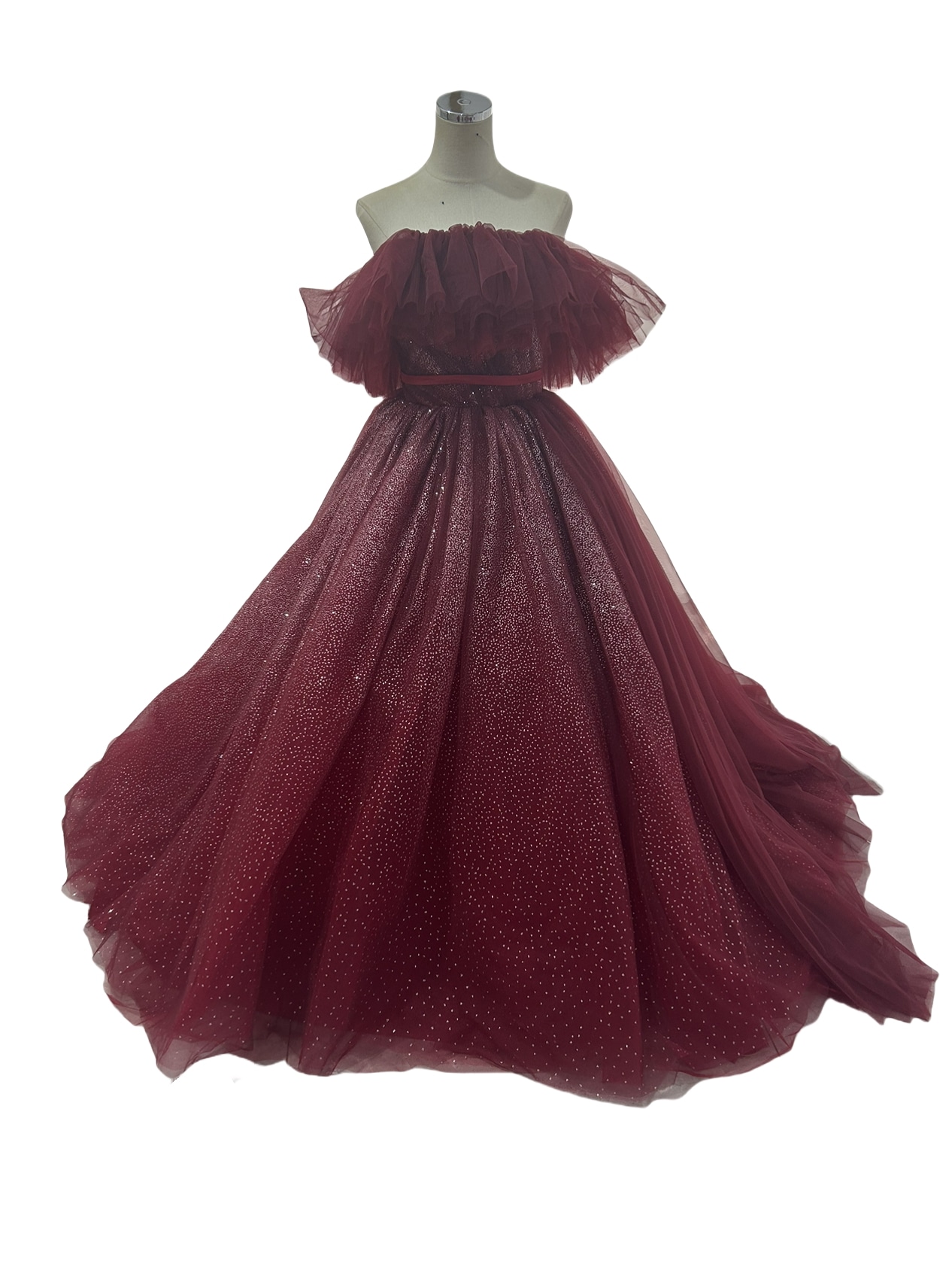 カラードレス ワインレッド オフショルダー キラキラグリッターチュール グラデーション 披露宴