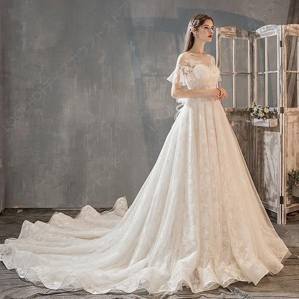 ウェディングドレス ウェディングドレス白 パーティードレス パフスリーブ 花嫁ロングドレス 簡約 結婚式露背 二次会 レース お呼ばれ 挙式-91