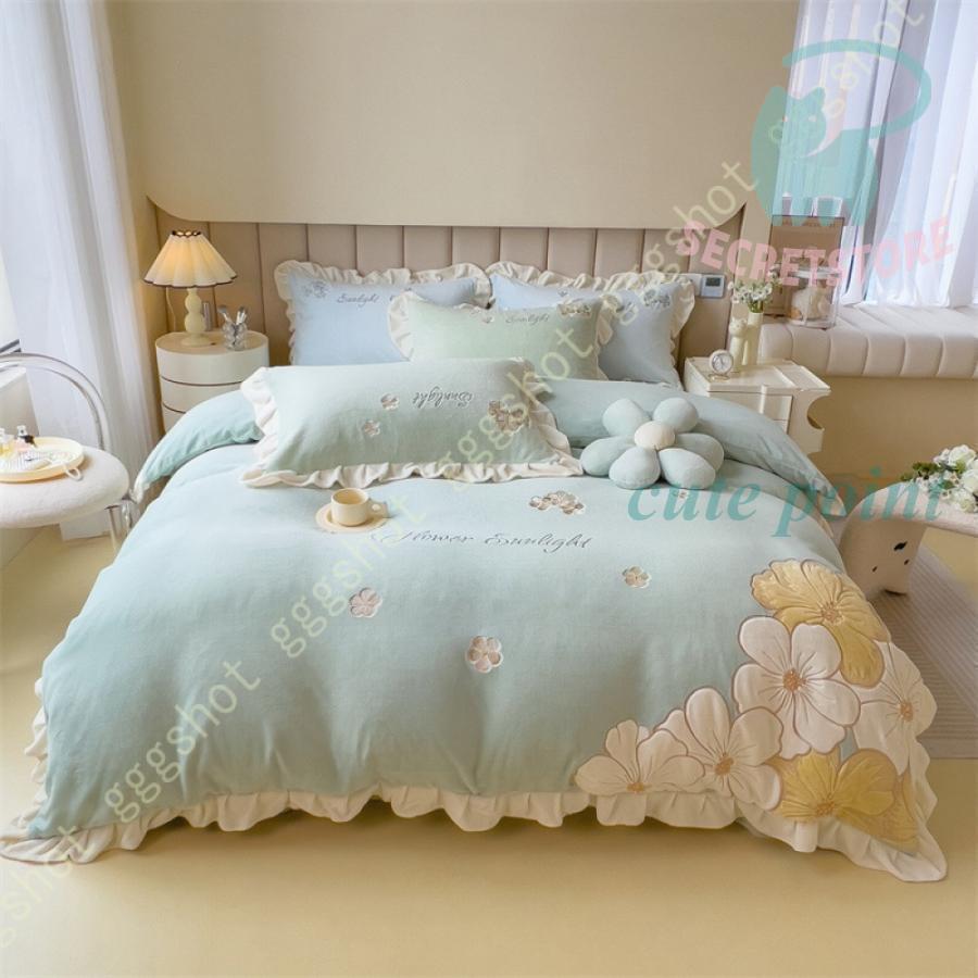 今月のスペシャル 寝具カバーセット 可愛い 暖かい ダブル 冬布団カバー ボックスシーツ シングル セミダブル ふとんカバー フランネル フリル付き 掛布団カバー 保温 北欧 今月のみ