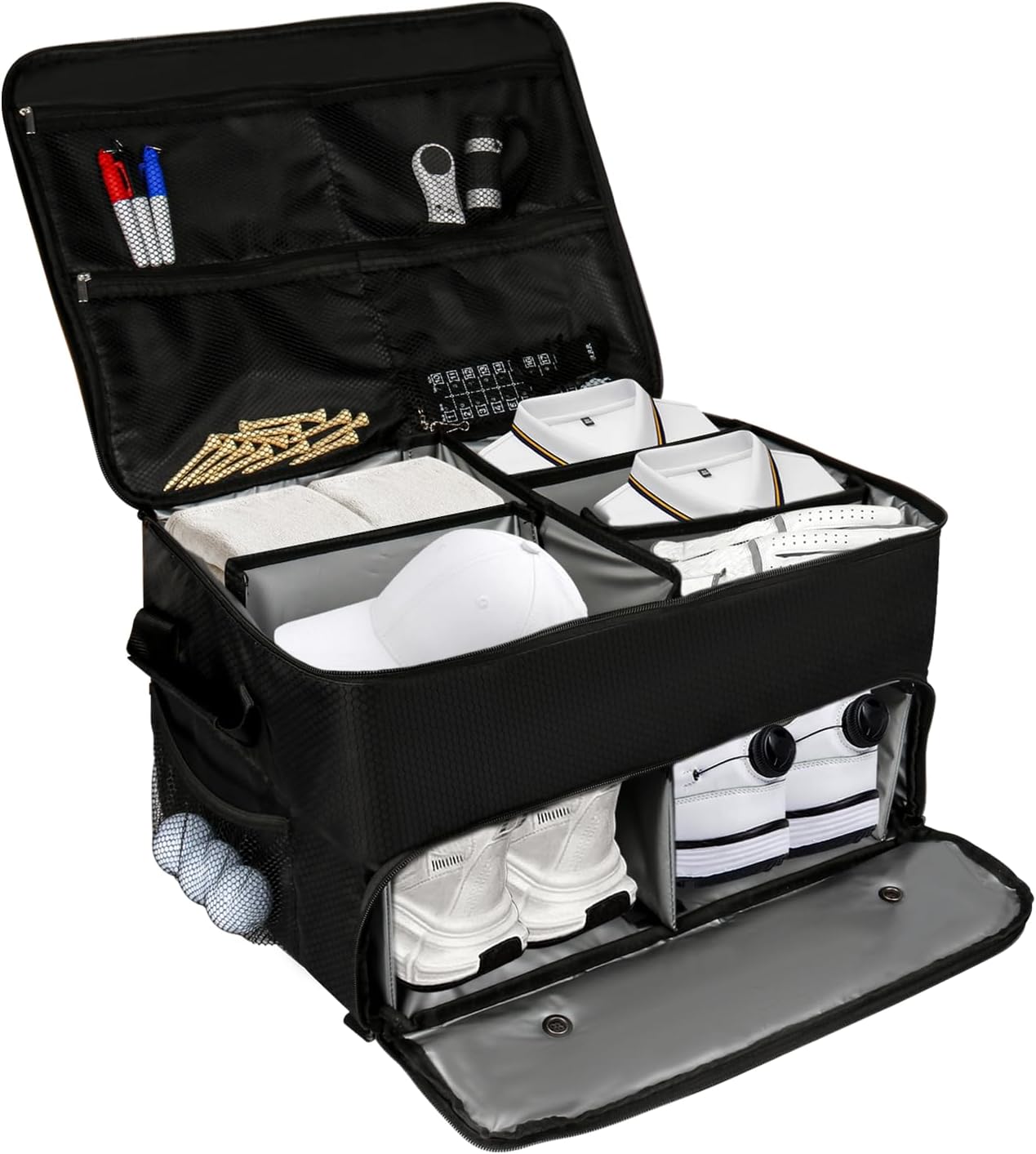 ゴルフボストンバッグ 二層式 仕切り 2足靴収納 多機能 車用トランクオーガナイザー 持ち運び便利 旅行 アウトドア用品 メンズ レディース（ブラック）