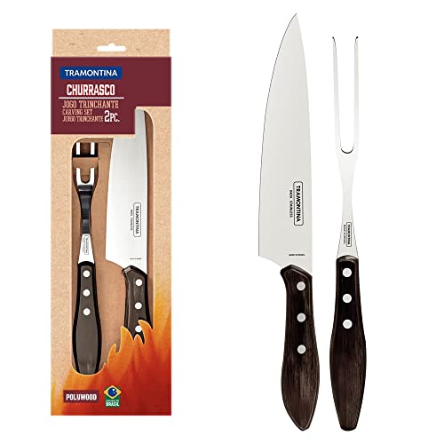 色：ダークブラウン トラモンティーナ 木柄カービングフォーク 31cm & ナイフ 34cm ポリウ