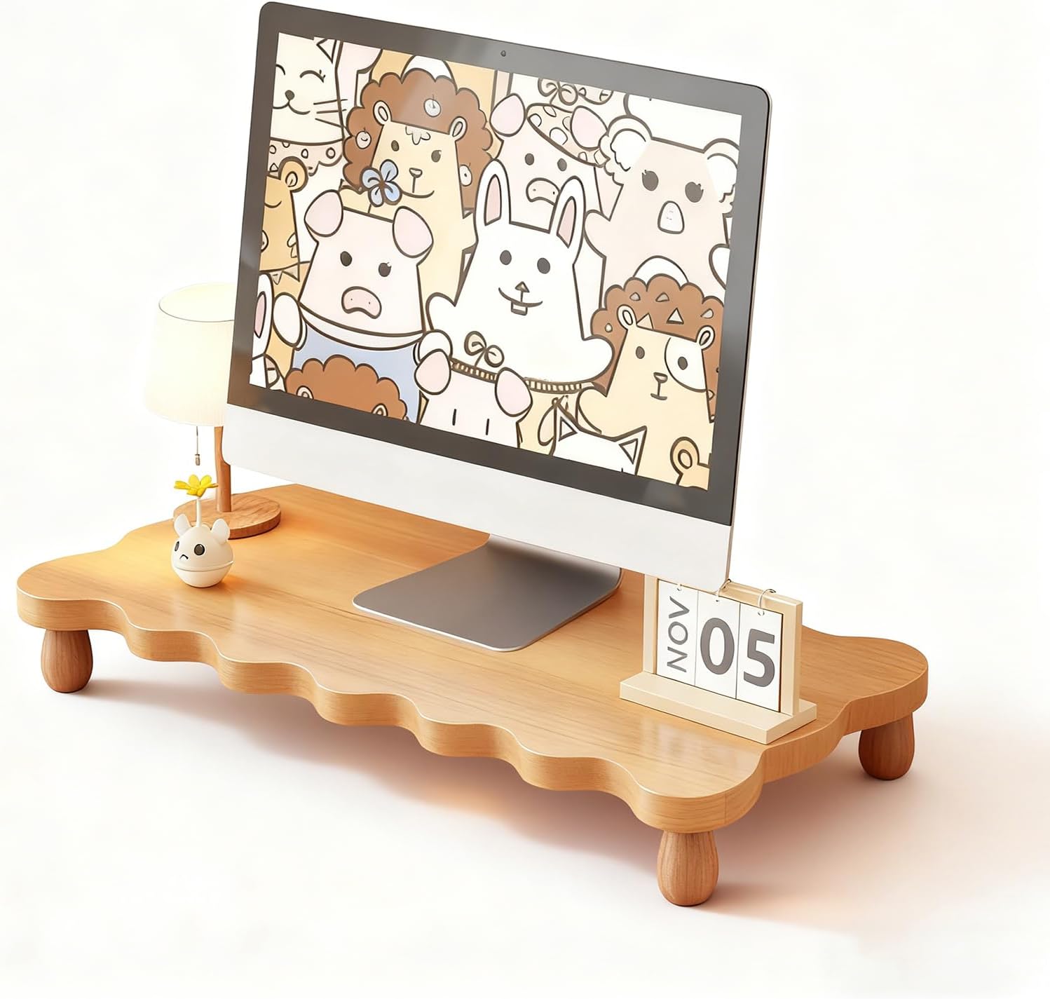 木製モニター台 幅55/60/70×奥行20cm 高さ8cm 耐荷重20kg キーボード収納付き ナチュラル·波状デザイン