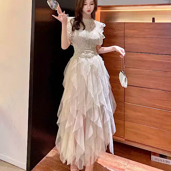 【取寄：納期2週間】結婚式ドレス ラウンドネック メッシュ フリルスカート 妖精 半袖 ロング丈 発表会 演奏会 レディース フレアドレス 結婚式 ステージ衣装 エレガント ウエディングドレス