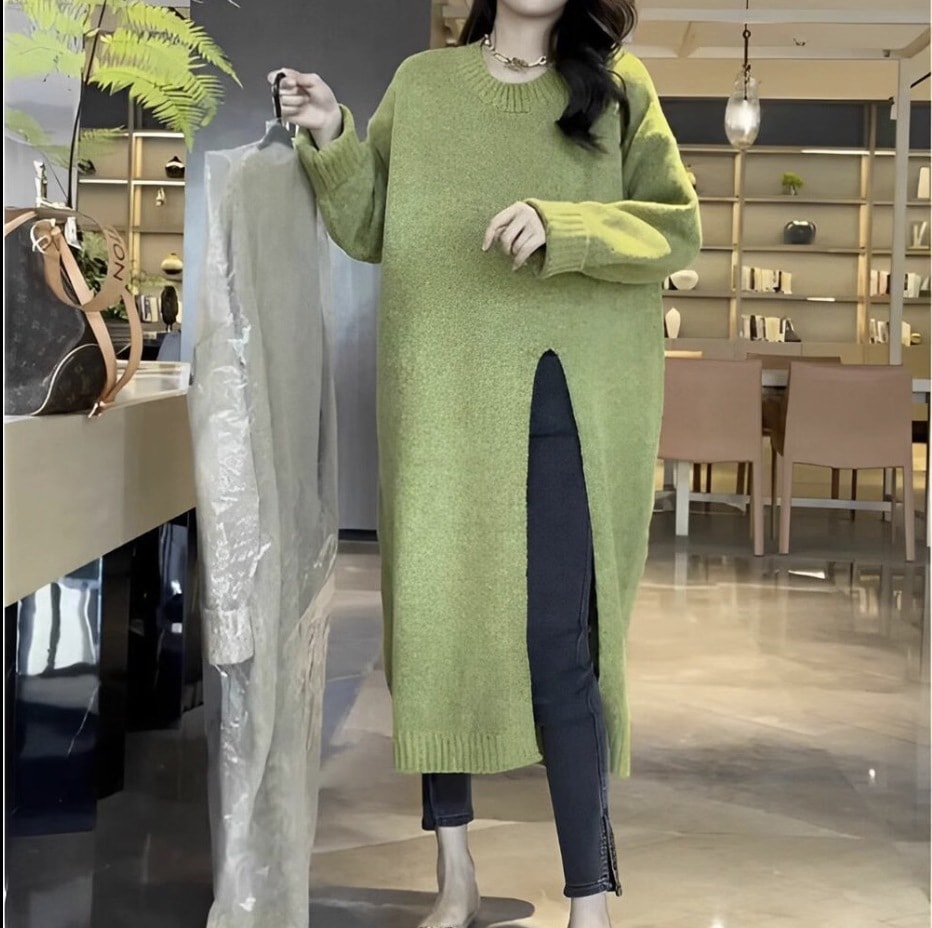 トップス レディース ニット セーター カーディガン チュニック きれいめ 個性的 冬服 ミモレ ロング 長袖 二の腕カバー 袖あり クルーネック 丸首 Uネック ラウンドネック ストレート サイドス