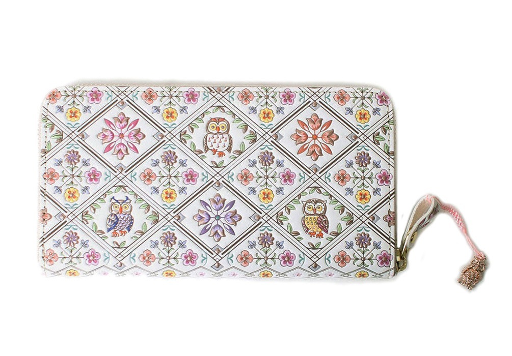 財布 長財布 レディース ラウンドファスナー 薄型 牛革 本革 日本製 ふくろう 根付 チャーム