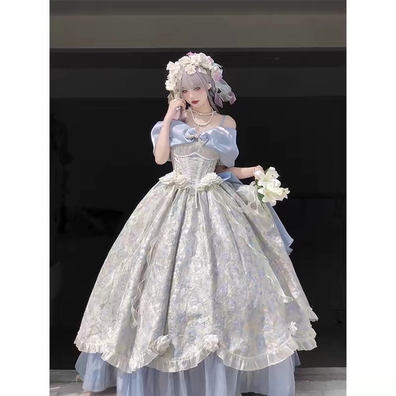 ロリータ ロングスカート ドレス ポンポンスカート 演奏会 二次会 エレガンス ショート丈ドレス 成人式 姫系 発表会 撮影用 お嫁さん 披露宴 花嫁