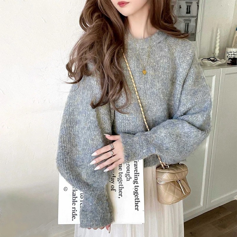 トップス ニット レディース MIX ニュアンスカラー ボリューム ぽわん袖 クロップド丈 ラグラン 切替 シャギーニット プルオーバー ゆるっと オーバーサイズ 大きいサイズ