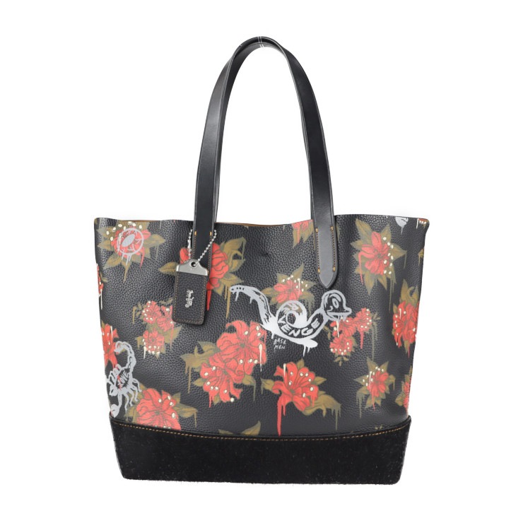 超美品 COACH コーチ トートバッグ 58907 ゴッサム トート ウィズ ワイルドリリープリント BASEMANコラボ レザー スウェード ブラック マルチカラー フラワー 花柄 ショルダーバッ